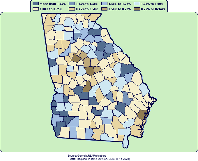 Real* Average Earnings Per Job Growth by County